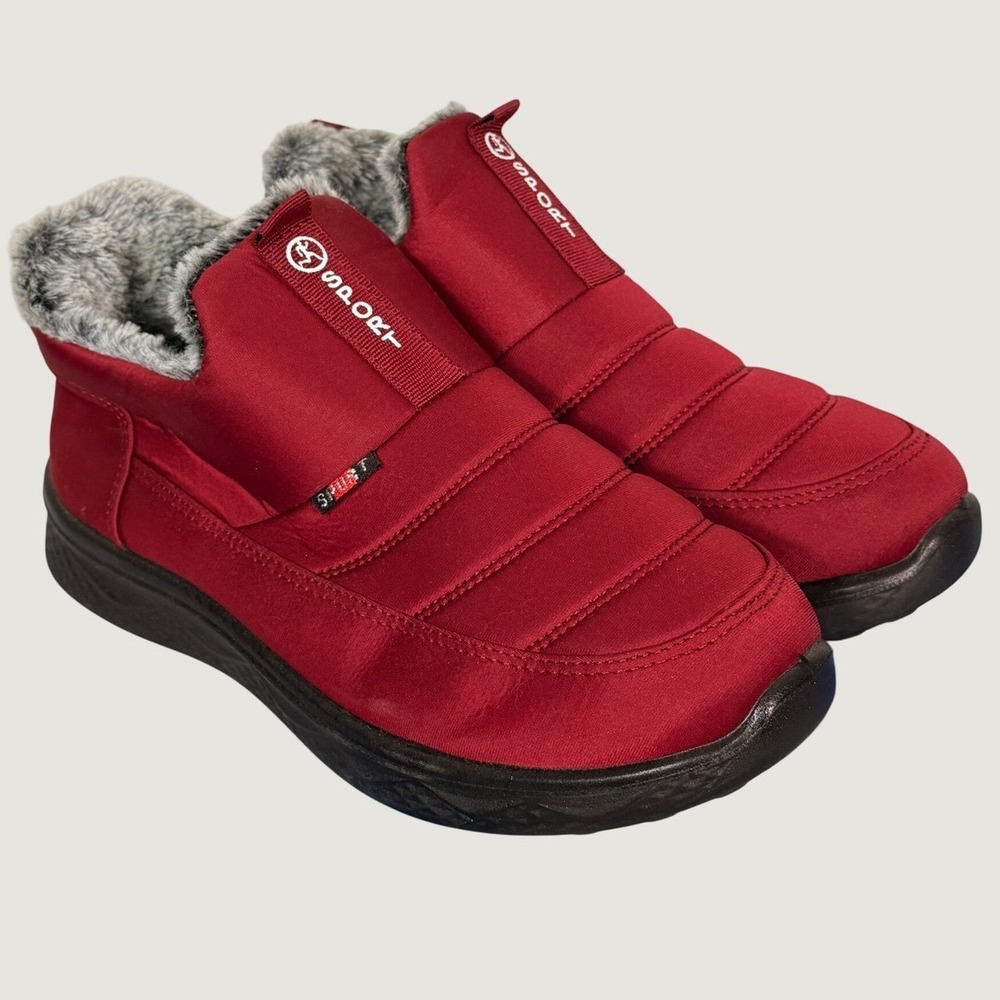 Sport Red Quilted Faux Fur Lined Slip On Winter Puffer Boots Ankle Shoes 260